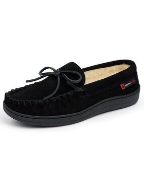 Women's Black Suede Alpine Swiss Sabine Moccasin Slippers Shearling House Shoes